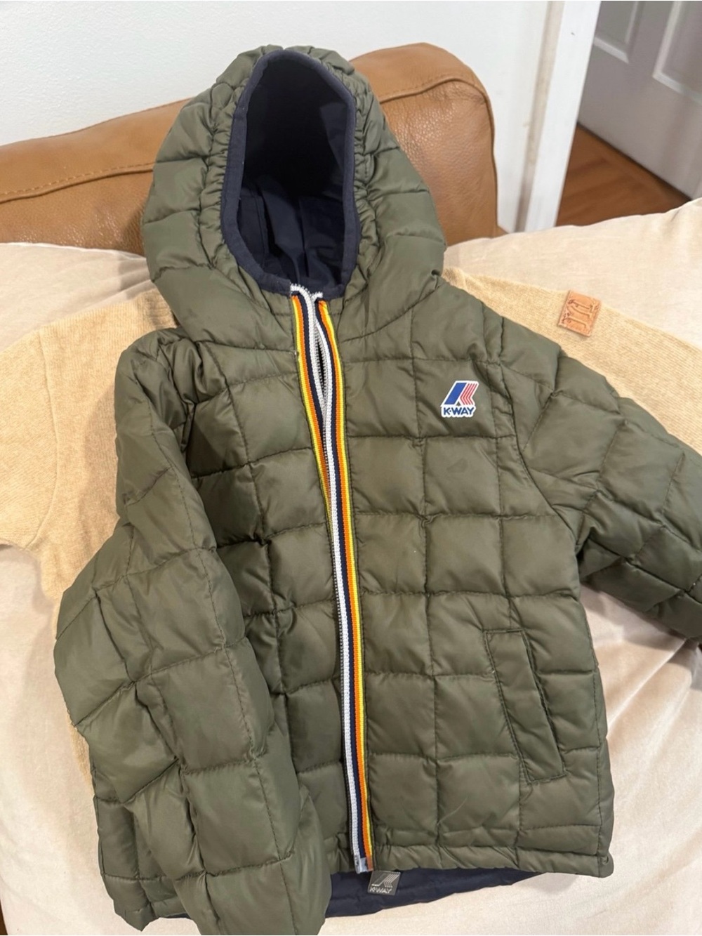 K-Way Kids Olive Green Quilted Hooded Puffer Jacket with Striped Zip